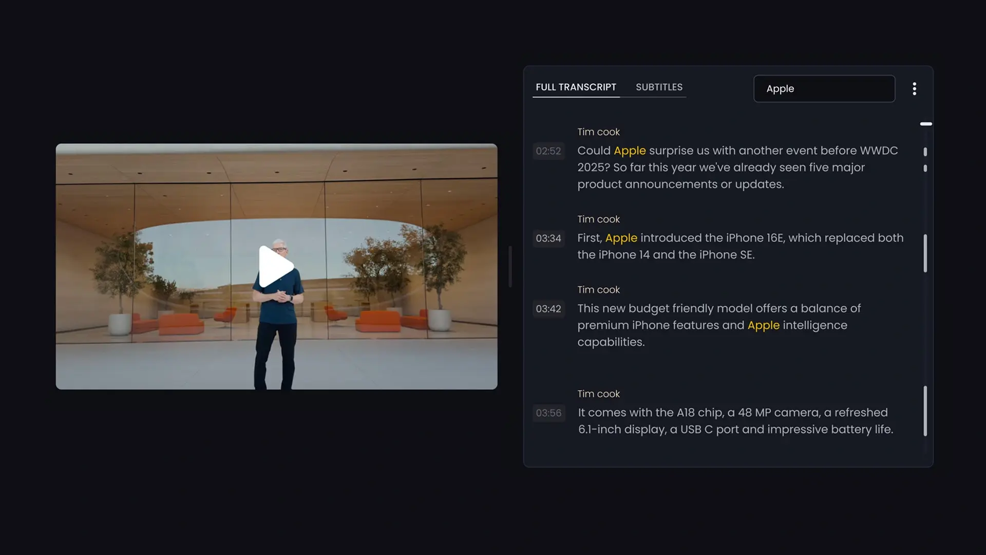 Search within the transcript with finallayer