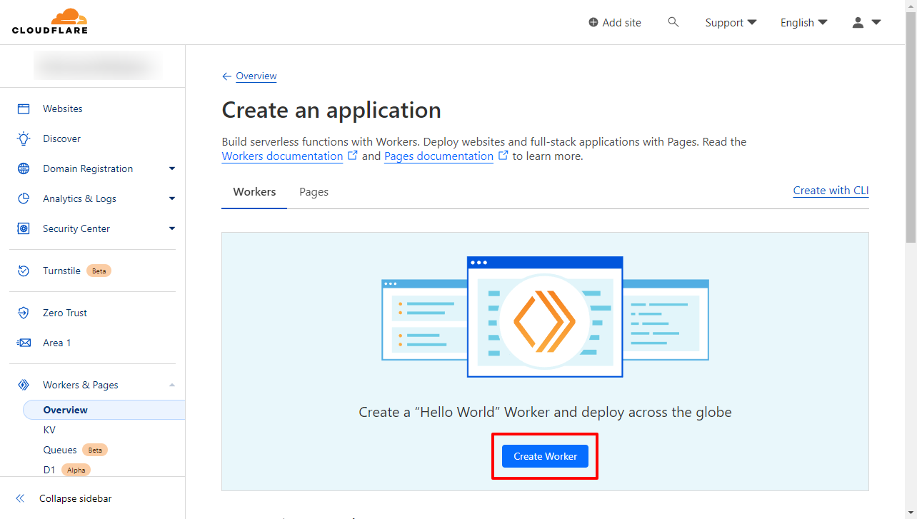 Step 1. Cloudflare Dashboard. Create worker.