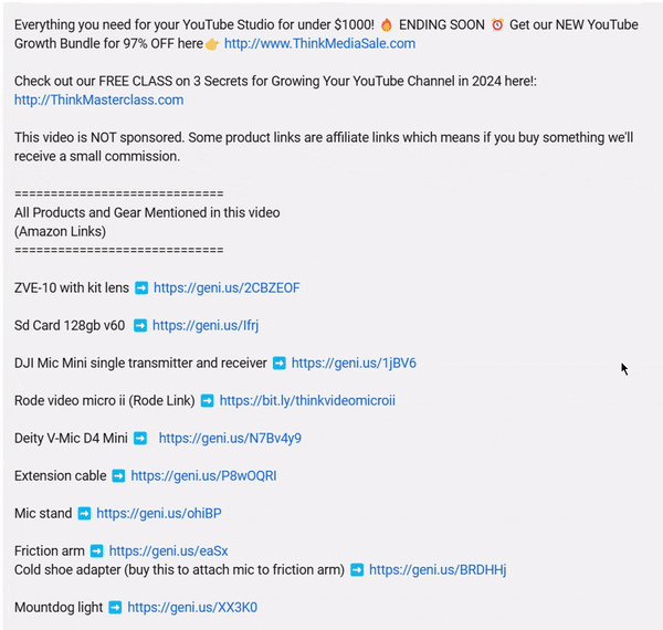 A text guide showing best practices for video descriptions. White text displays three main sections: First section shows "Hook viewers with a compelling summary and include your primary keyword naturally." Middle section shows bullet points including "Timestamps for key moments, Resources mentioned in the video, Related video links" Final section indicates "standard channel information and social media links"