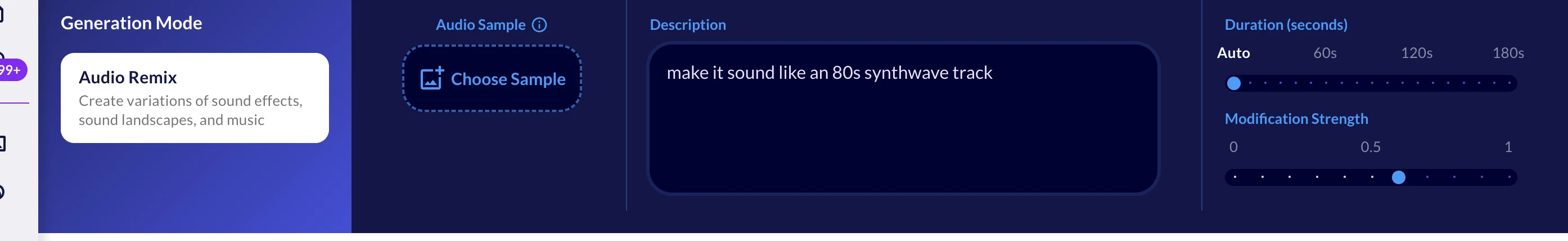 Audio Generator Remix mode with Modification Strength slider