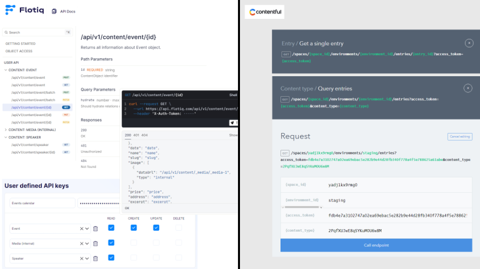 Comparing Flotiq API and Contentful - your personalized content API in Flotiq is descriptive and familiar, while Contenful is using a generic approach.