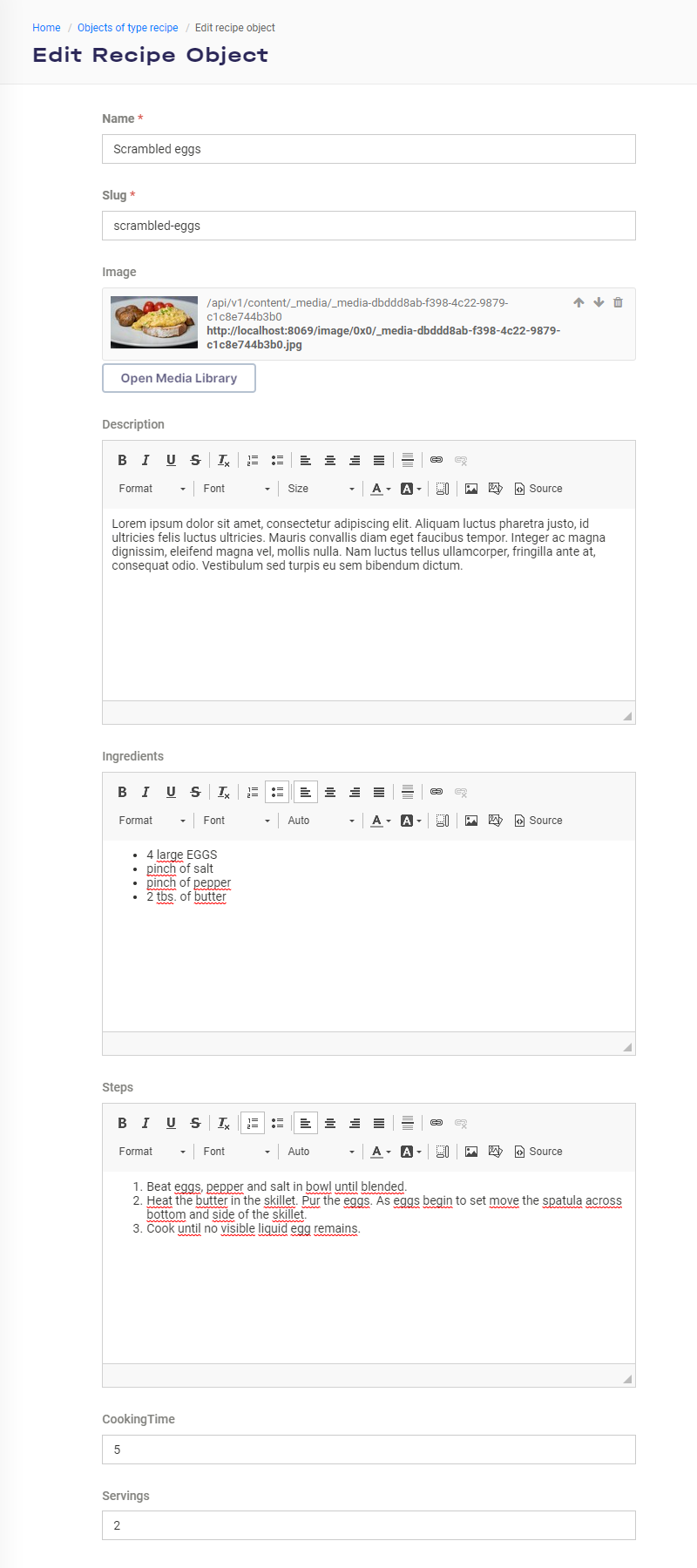 Recipe Object editing data structure