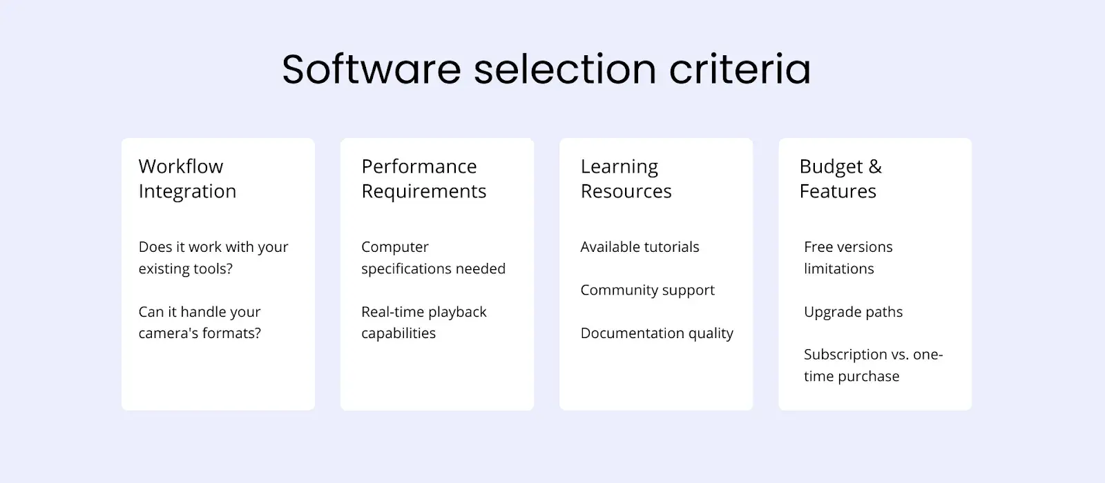 Software selection criteria for colorists1. Workflow IntegrationDoes it work with your existing tools?Can it handle your camera's formats?2. Performance RequirementsComputer specifications neededReal-time playback capabilities3. Learning ResourcesAvailable tutorialsCommunity supportDocumentation quality4. Budget vs. FeaturesFree versions limitationsUpgrade pathsSubscription vs. one-time purchase