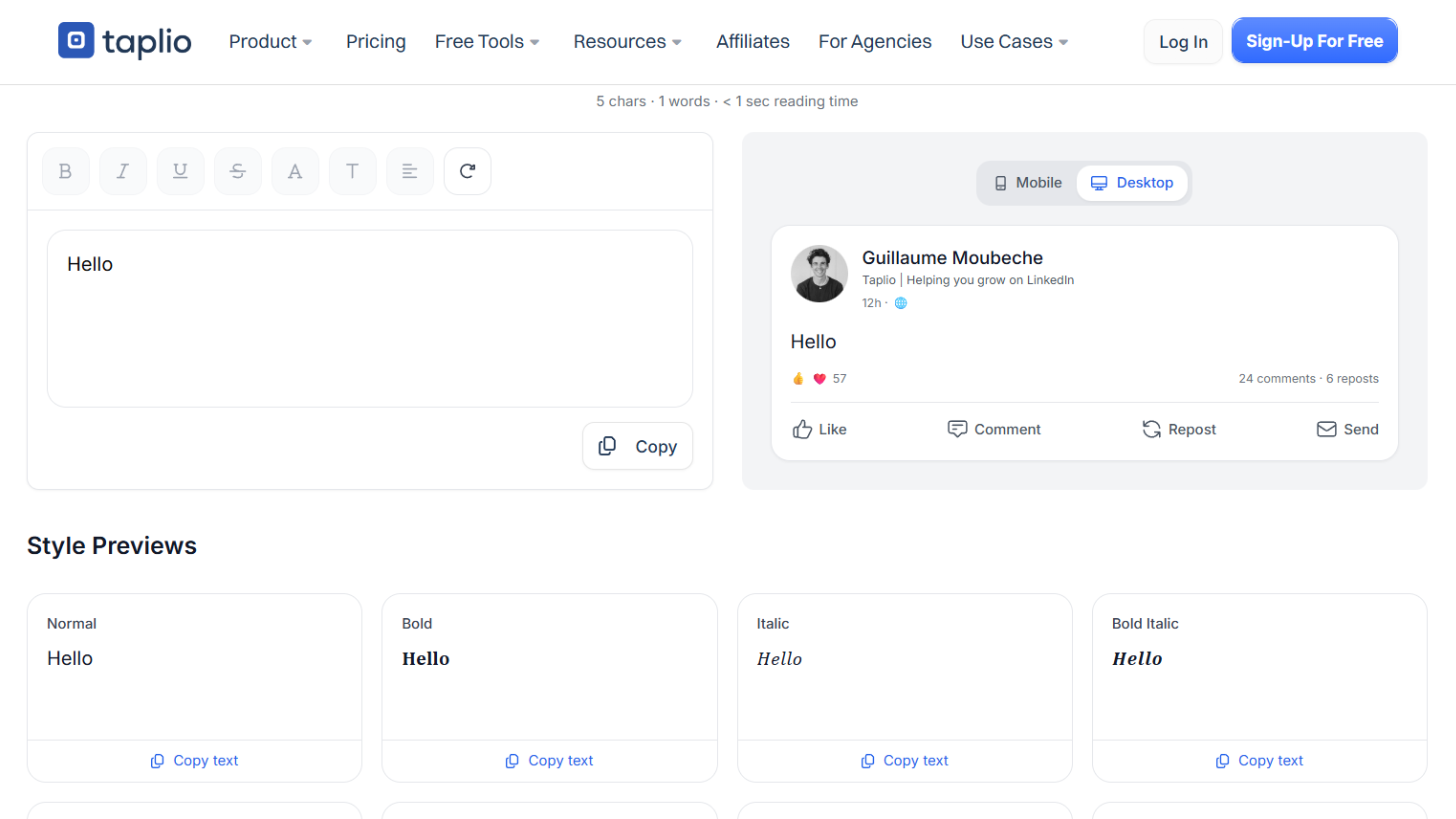 Taplio text Formatter preview