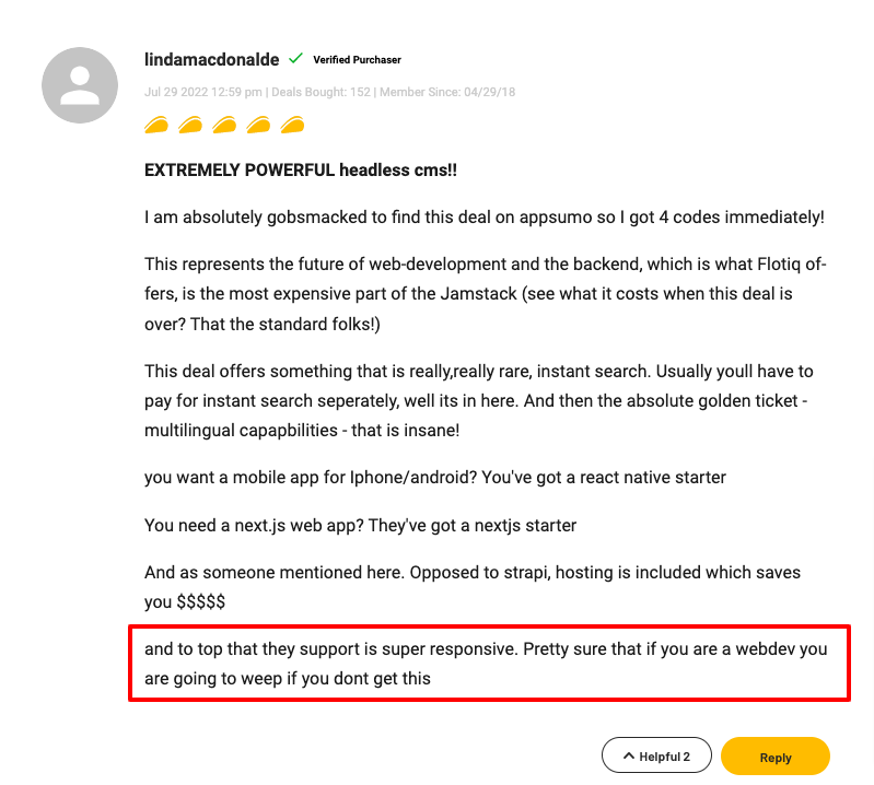 Flotiq review from AppSumo, where responsive support was mentioned