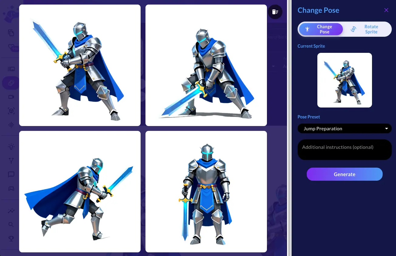 Pose Generator in Change Pose mode showing generated pose variations and controls panel