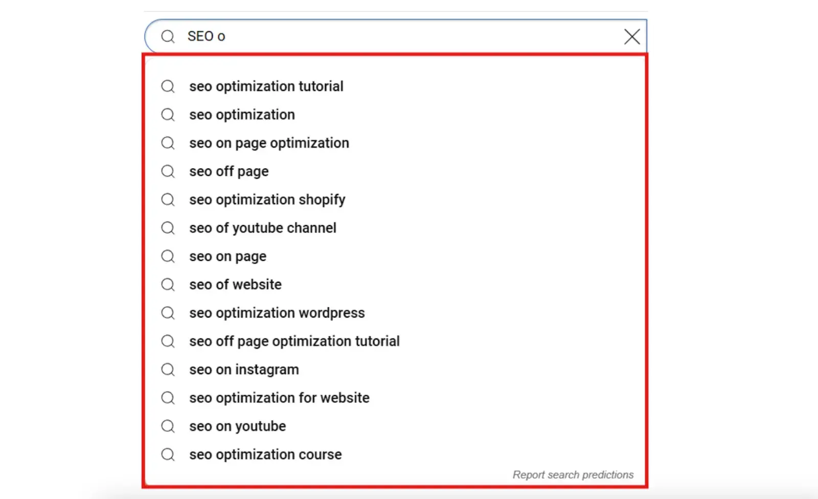 Screenshot of YouTube search bar with autocomplete suggestions