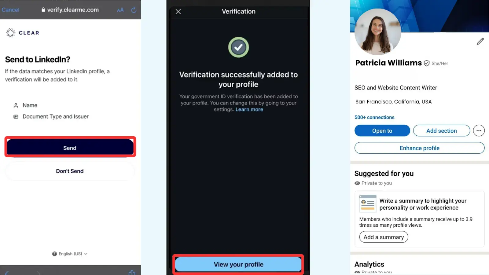 Screenshot showing the successful verification and profile with verification badge.