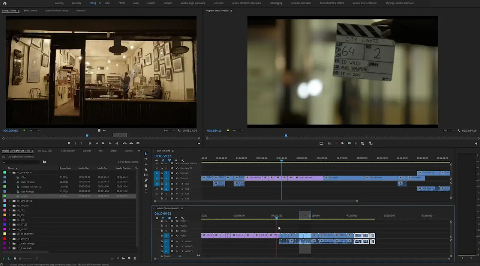 Screenshot of a vertical video editing workspace using the pancake timeline method. Illustrated as a two-tiered system where selected clips are organized in an upper timeline that feeds into the main editing sequence below, creating an efficient top-down editing workflow.