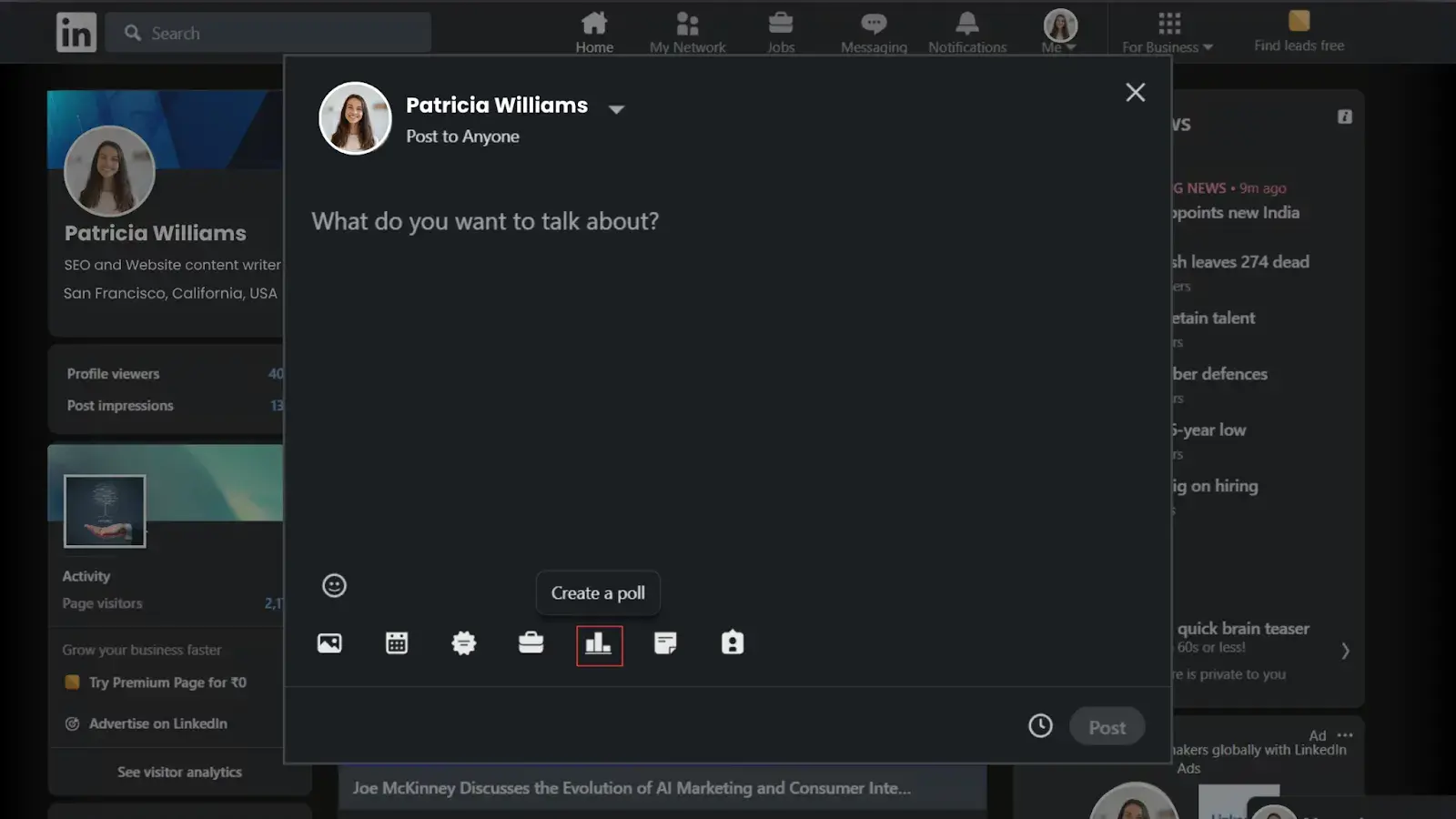 Create a poll option on LinkedIn