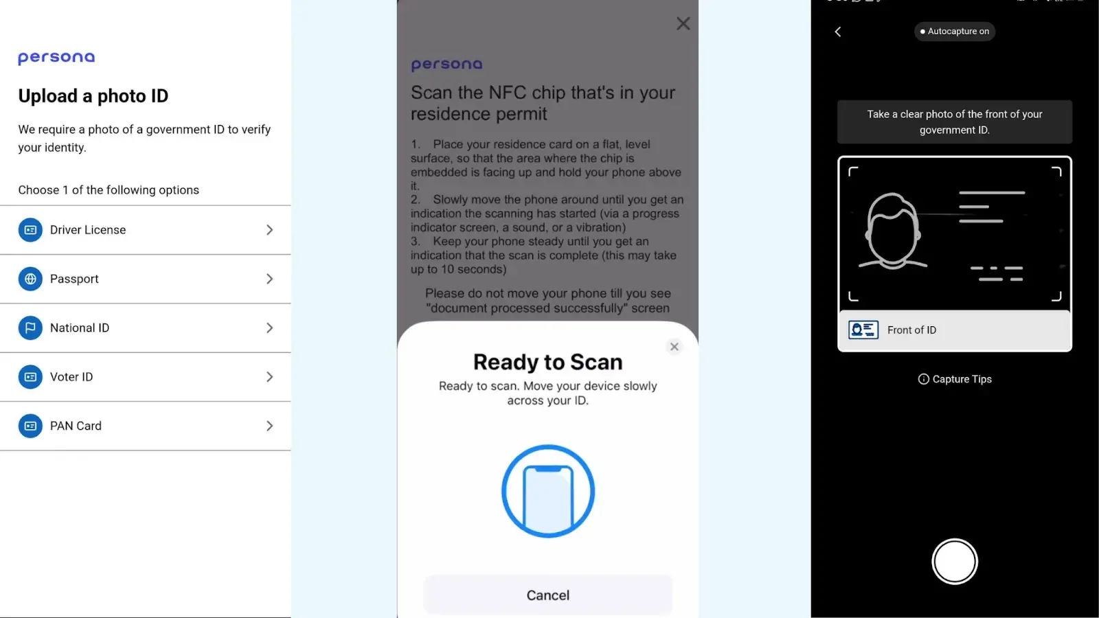 Screenshot showing the interface for taking the selfie and scanning the ID.