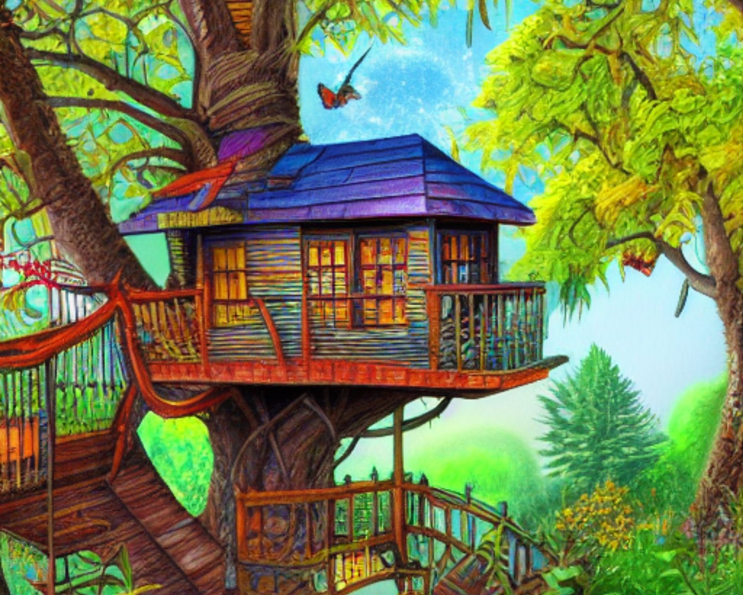 Painting of beautiful tree house, highly detailed, HDR, 64k, vivid colors, professional, in Children's book illustration style