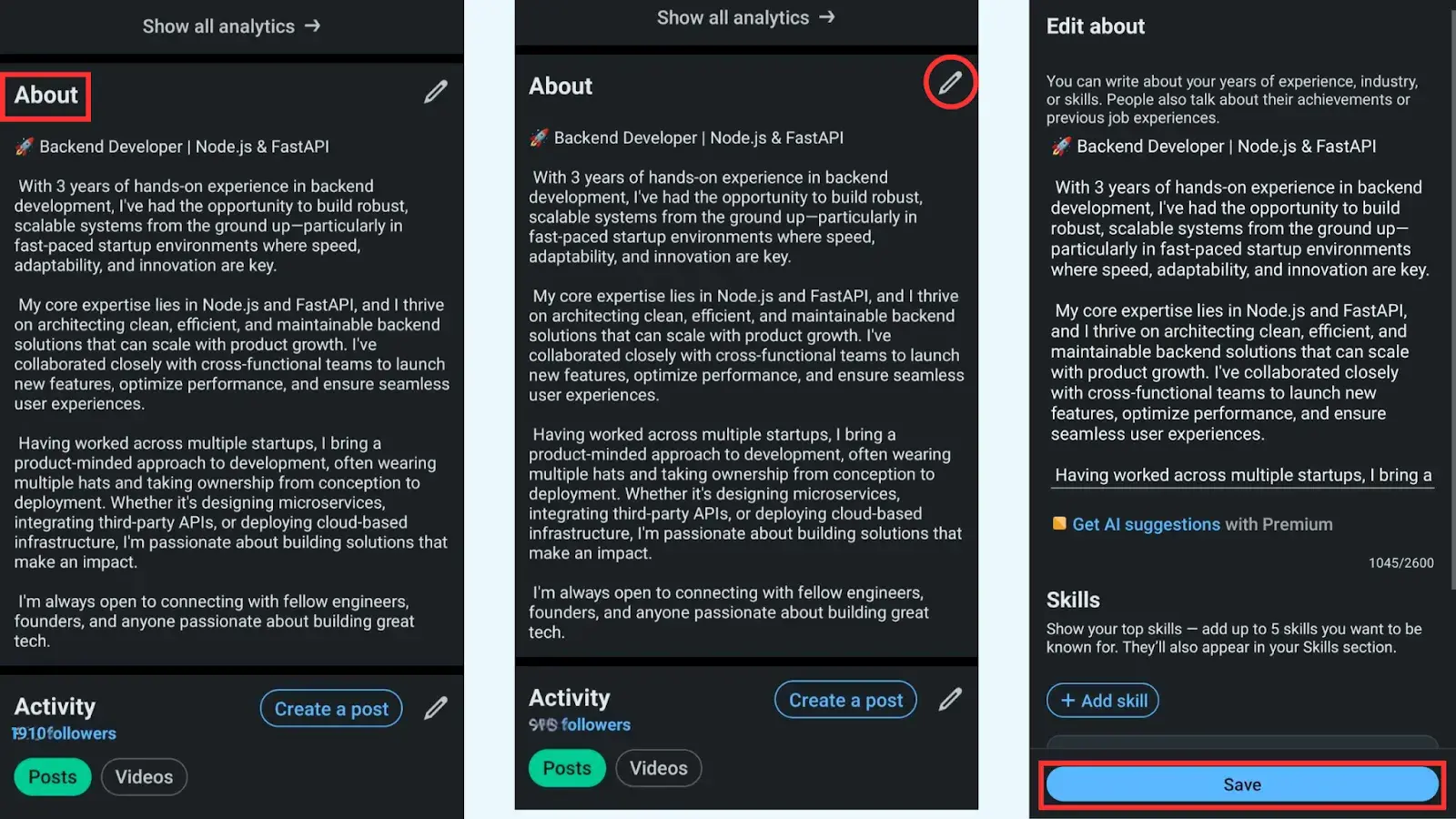 Screenshots showing editing interface of summary.