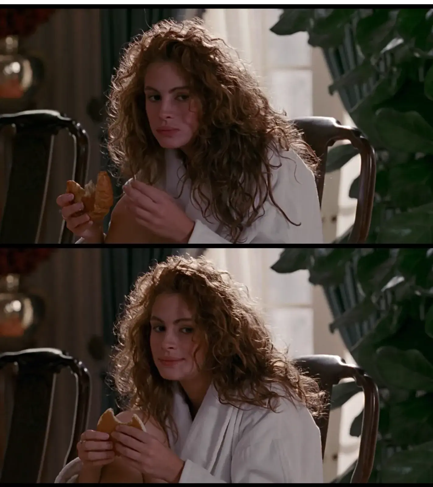 A split-screen image from 'Pretty Woman' showing a notable continuity error: In the top frame, Julia Roberts' character is eating a croissant at breakfast, while in the bottom frame from the same scene, the croissant has suddenly transformed into a Pancake.