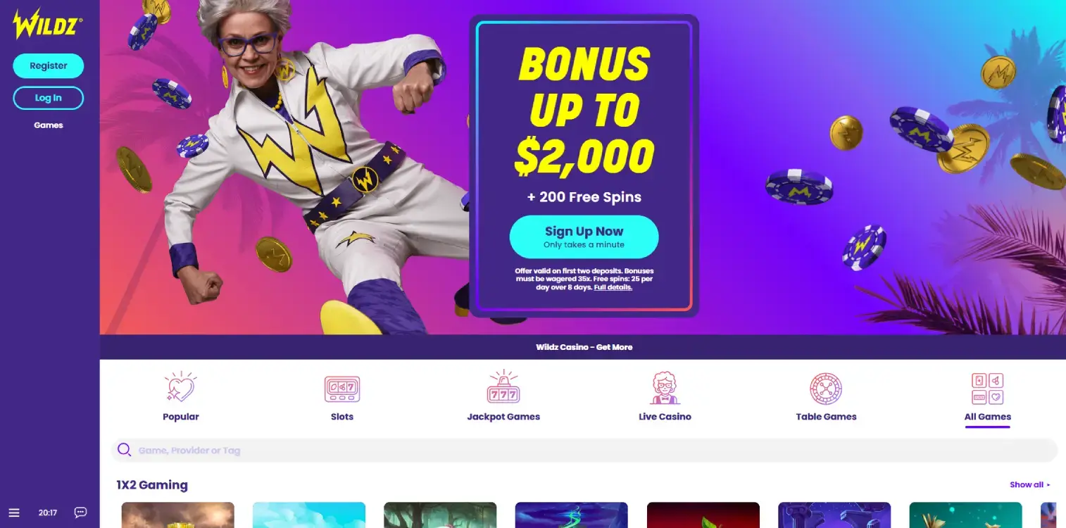 Screenshot of the Wildz online casino homepage in Alberta, Canada, featuring a colorful and dynamic design with a bonus offer of up to $2000 and 200 free spins. The homepage presents a vibrant character in a playful pose, promoting an engaging and lively experience for players in Alberta.