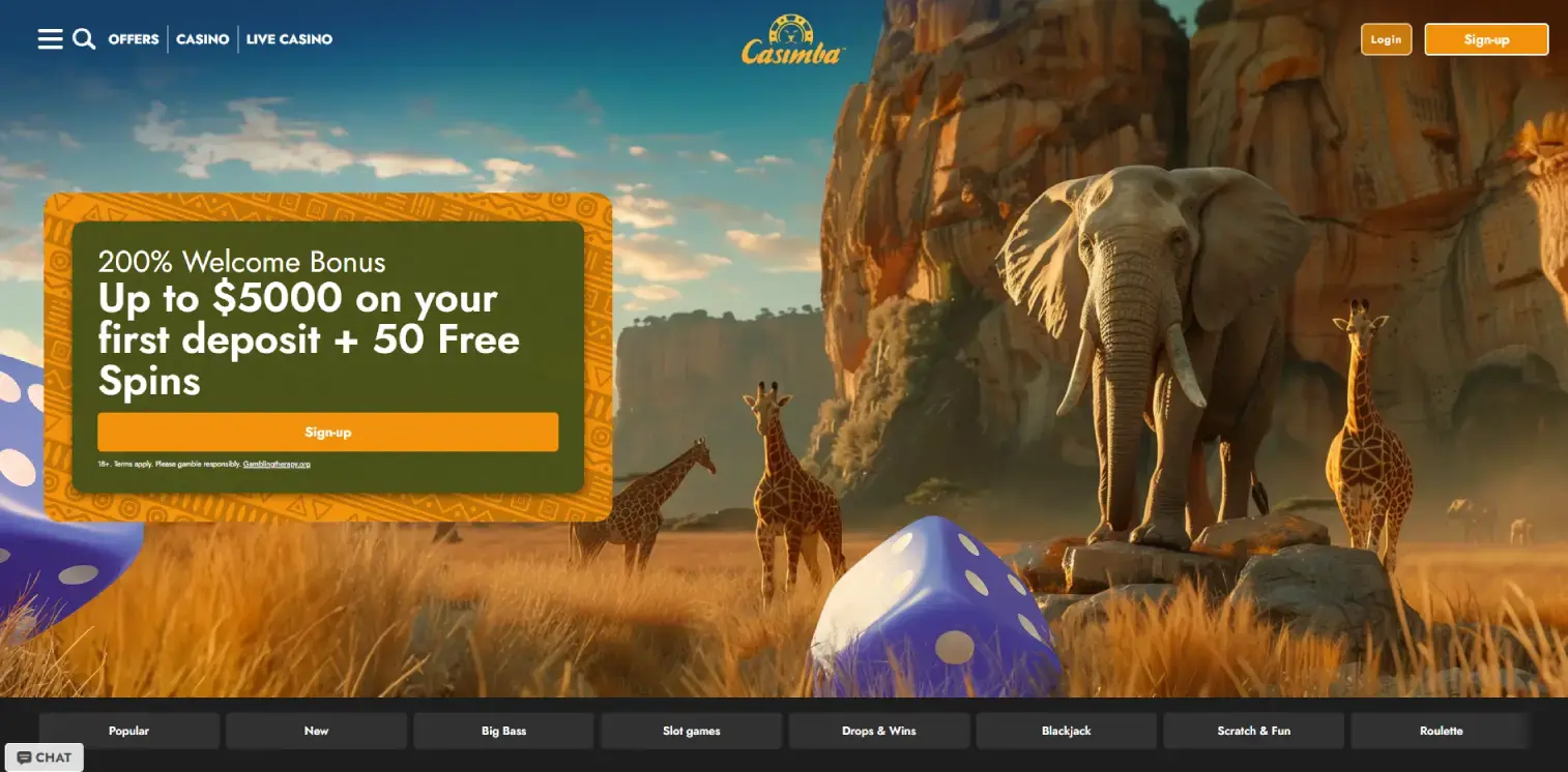 Screenshot of the Casimba online casino homepage in Alberta, Canada, featuring a 200% welcome bonus offer up to $5000 and 50 free spins. The homepage showcases a safari-themed background with an elephant and giraffes, promoting a user-friendly interface and engaging visuals tailored for players in Alberta.