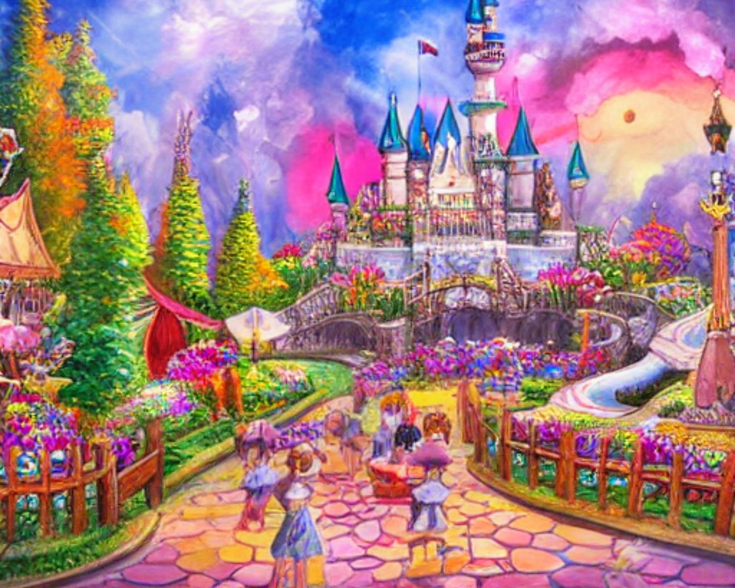 Painting of beautiful wonderland theme park, highly detailed, HDR, 64k, vivid colors, professional, in Children's book illustration style