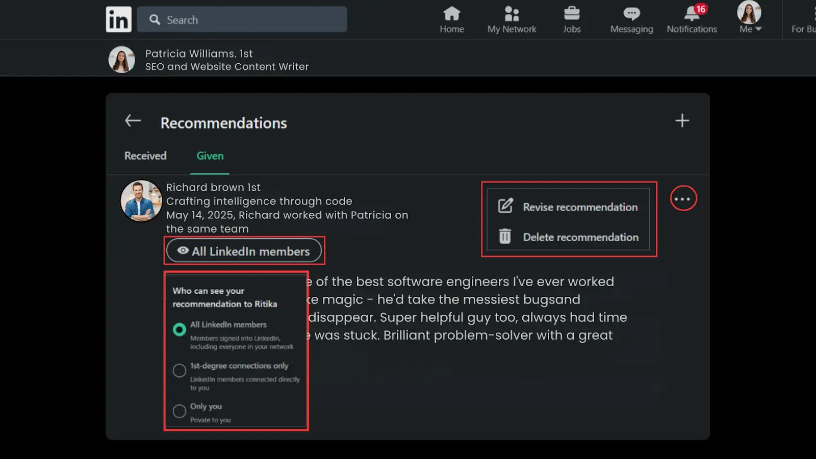 Customize visibility of recommendations.