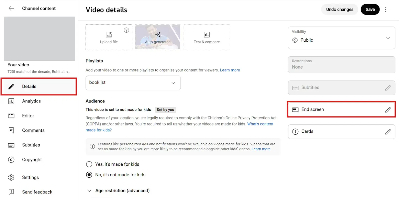 Screenshot of YouTube Studio interface showing location of End screen button, which is the second step to access end screen settings of a video