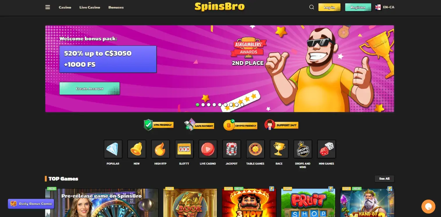 Screenshot of the SpinsBro online casino homepage in Alberta, Canada, showcasing a 520% welcome bonus up to C$3050 and 1000 free spins. The homepage features a cartoon-style character and a colorful layout, offering a fun and straightforward interface designed for players in Alberta.