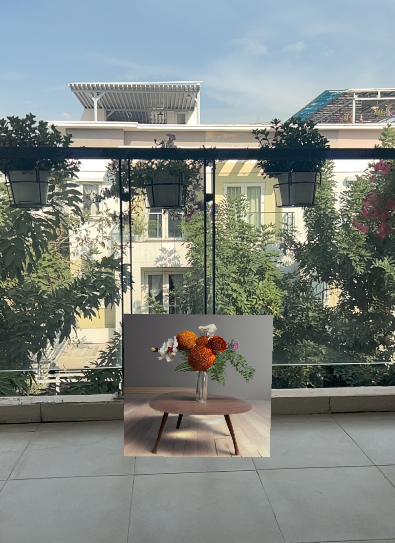 AI Generated Coffee Table Is Shown In The Real Balcony