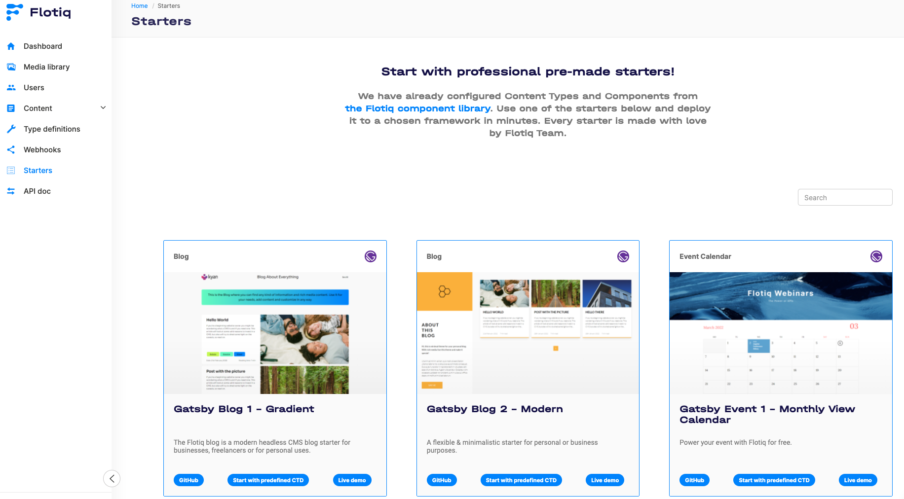 The list of Flotiq Headless CMS starters