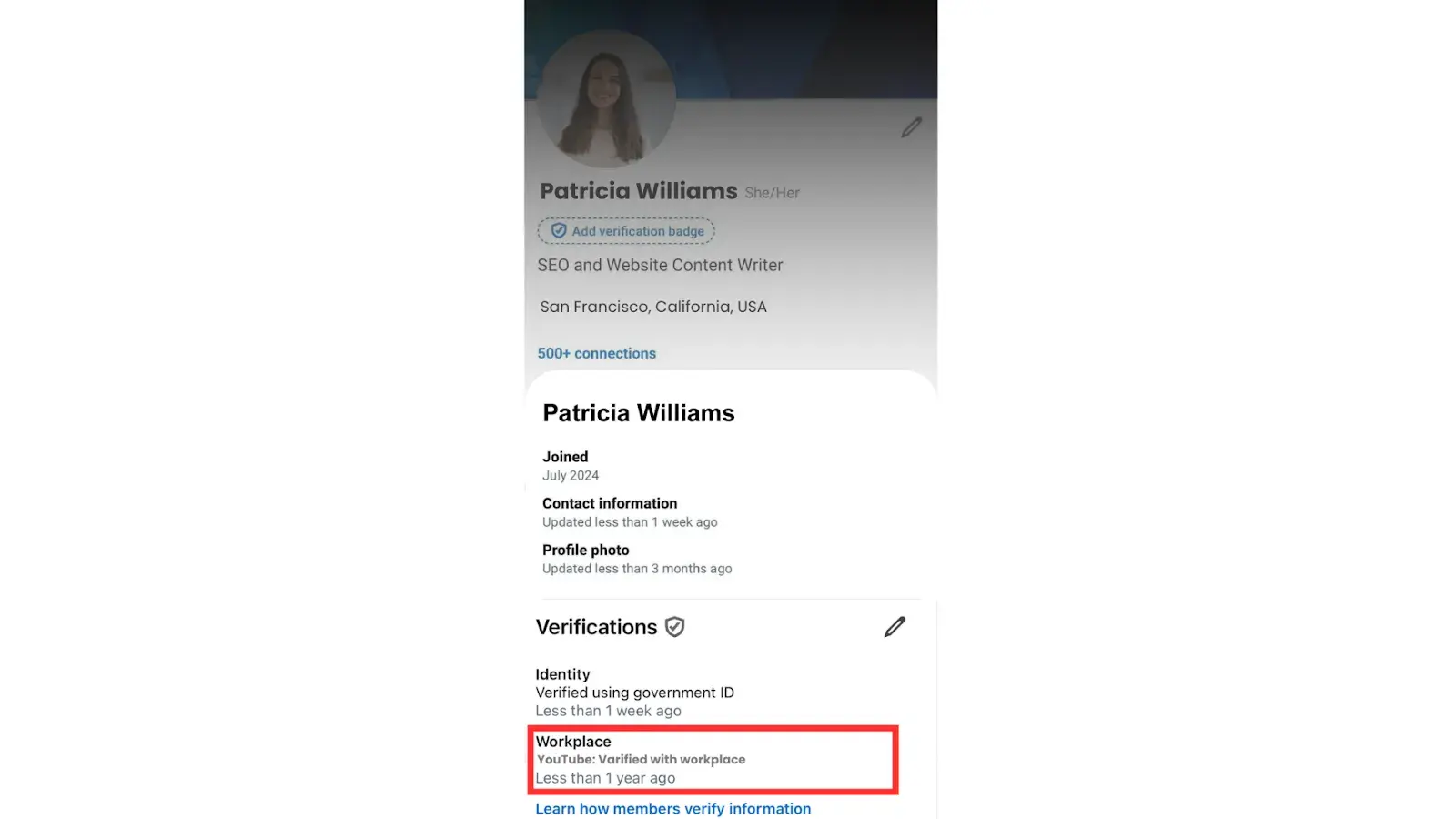 Screenshots showing verified profile with workplace.