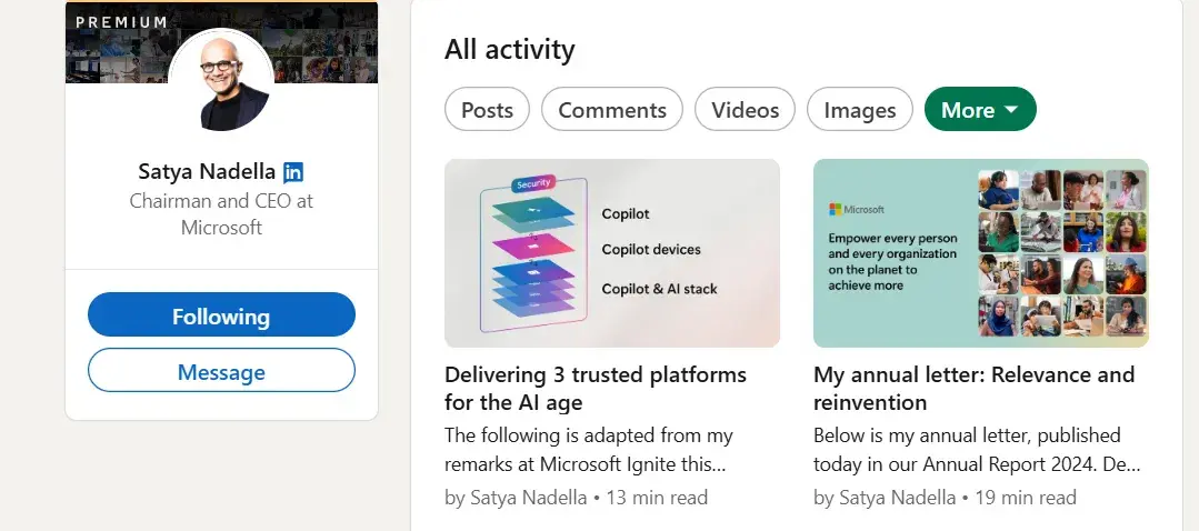 An image showing Satya Nadella posting long form content such as articles on LinkedIn