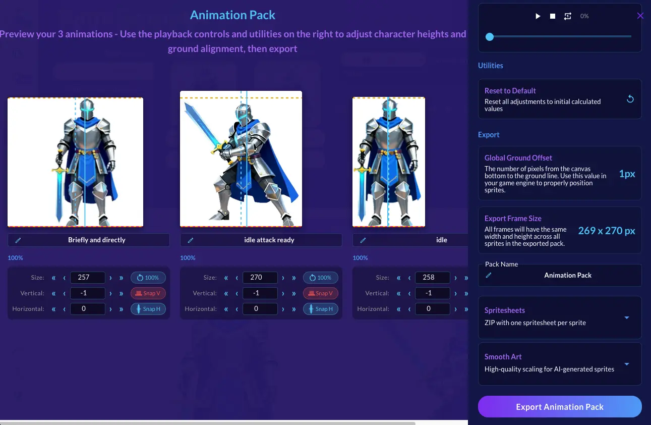 Export Animation Pack modal with live preview and per-animation size and position controls