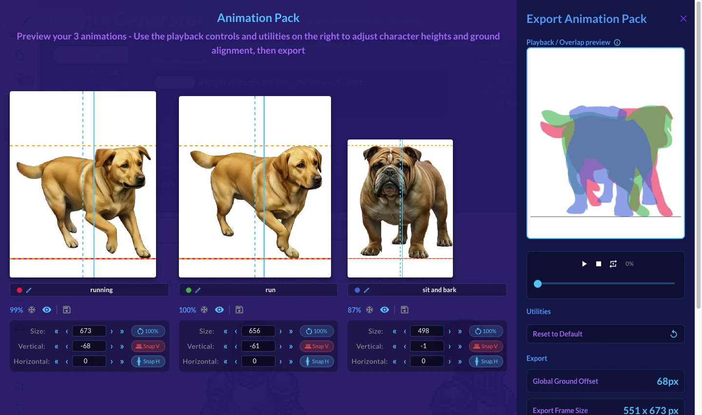 Export Animation Pack — alignment controls + live overlap preview