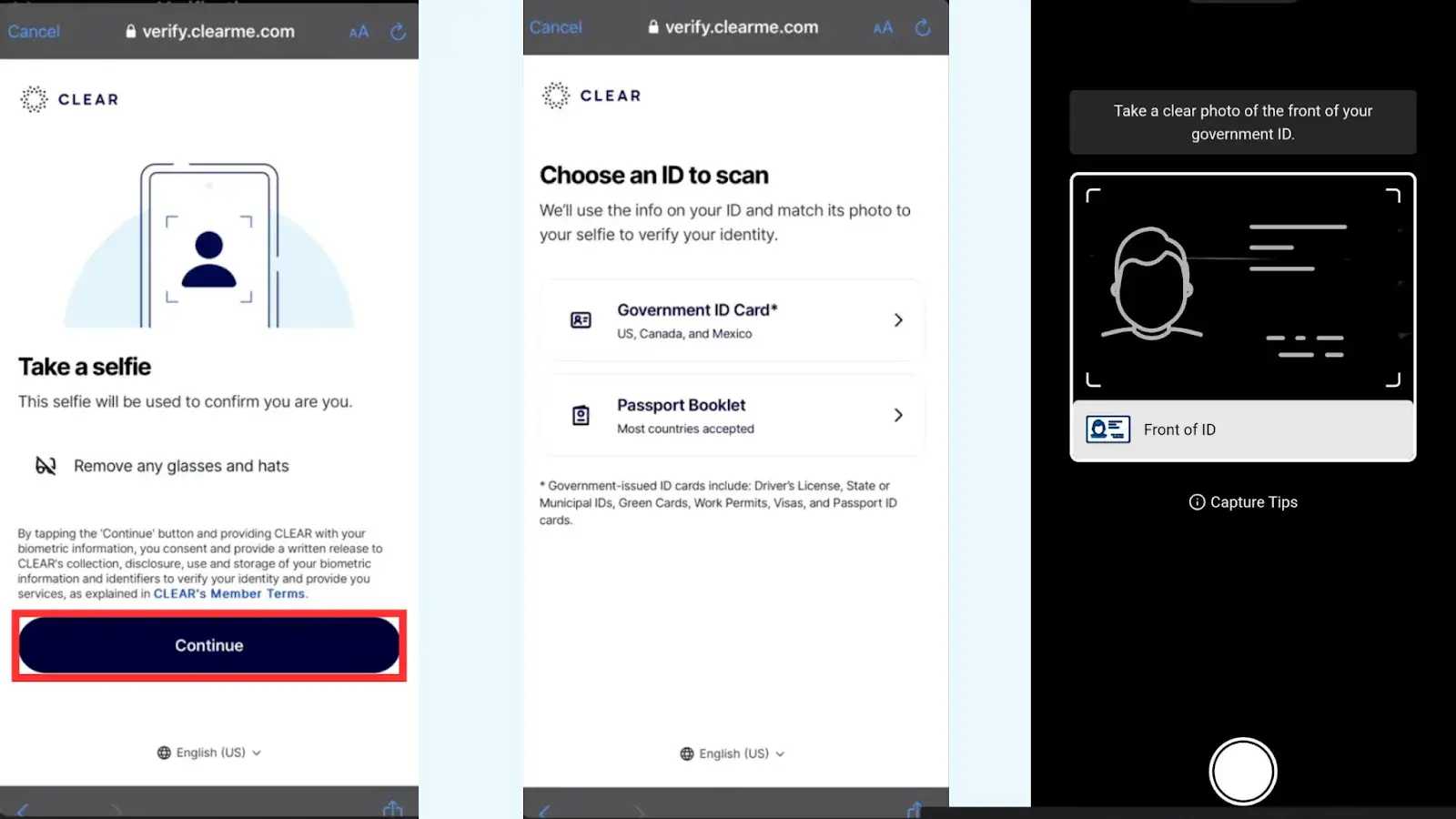 Screenshot showing the interface for taking the selfie and scanning the ID.