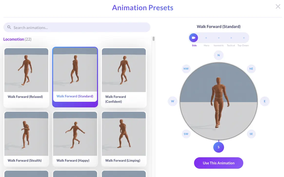 Animation Presets modal showing categorized presets, perspective tabs, and compass direction selector