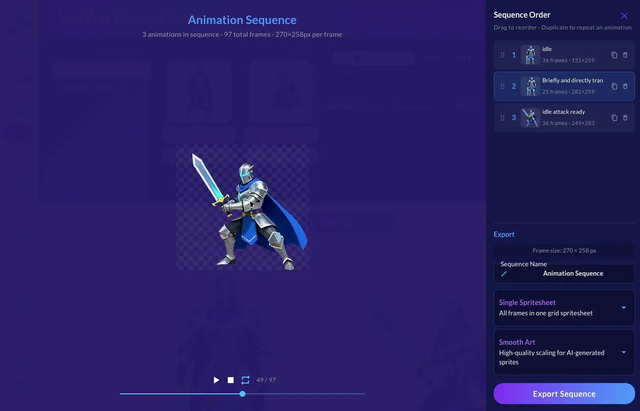 Export Animation Sequence modal with sequence preview and reorderable animation list