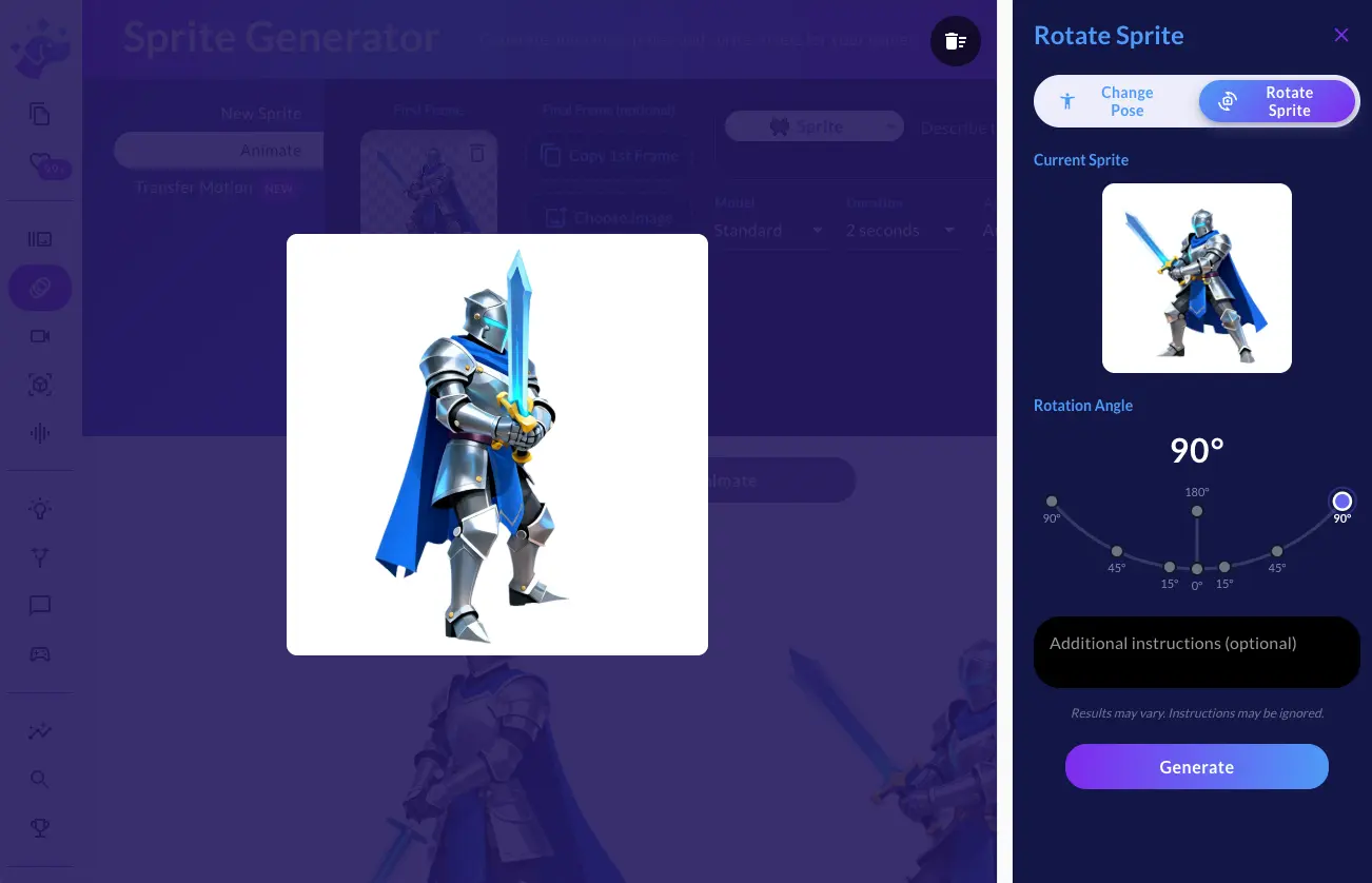 Pose Generator in Rotate Sprite mode showing the interactive arc angle selector
