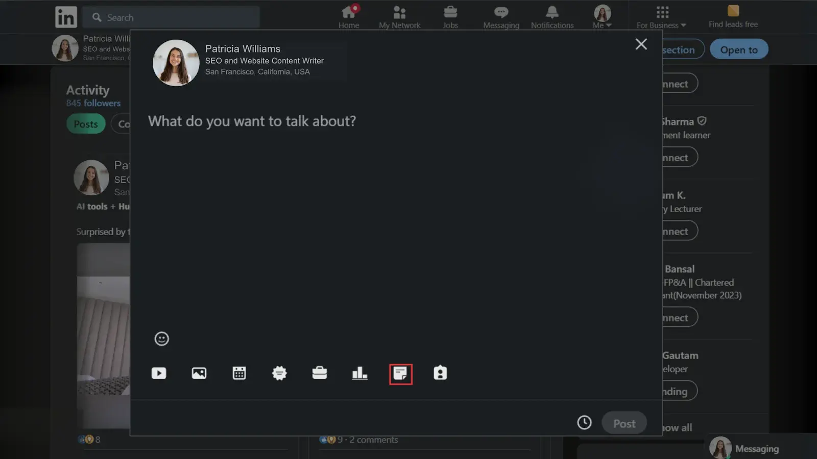 Image showing document icon upload pdf of carousel on LinkedIn.
