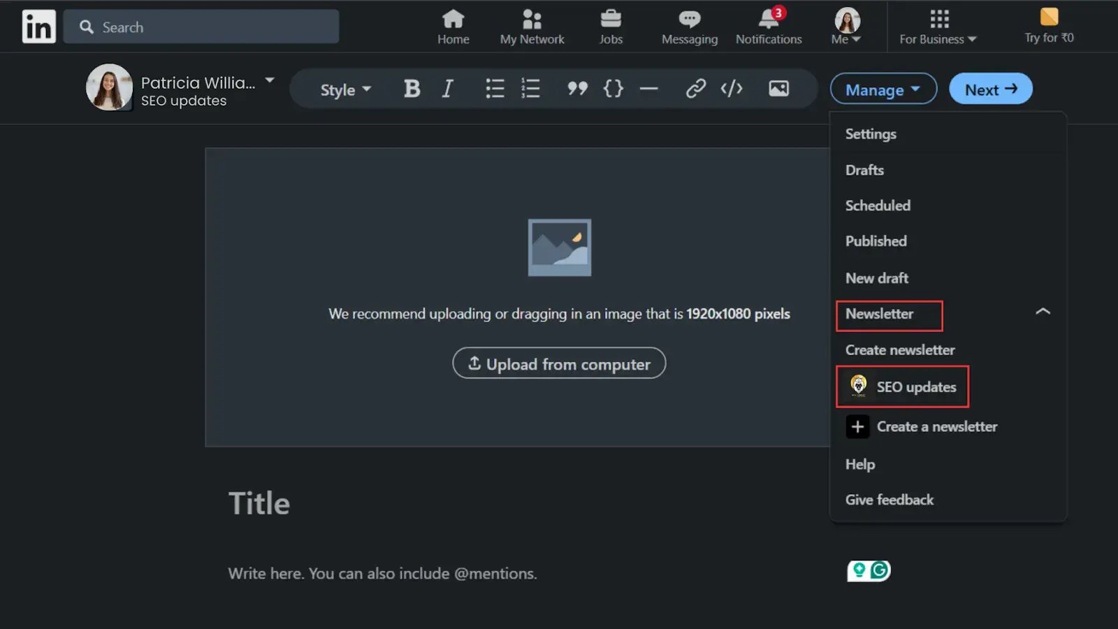 Selecting the created Newsletter