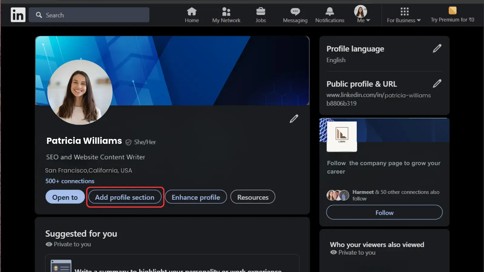 Screenshot showing "Add profile section" button.
