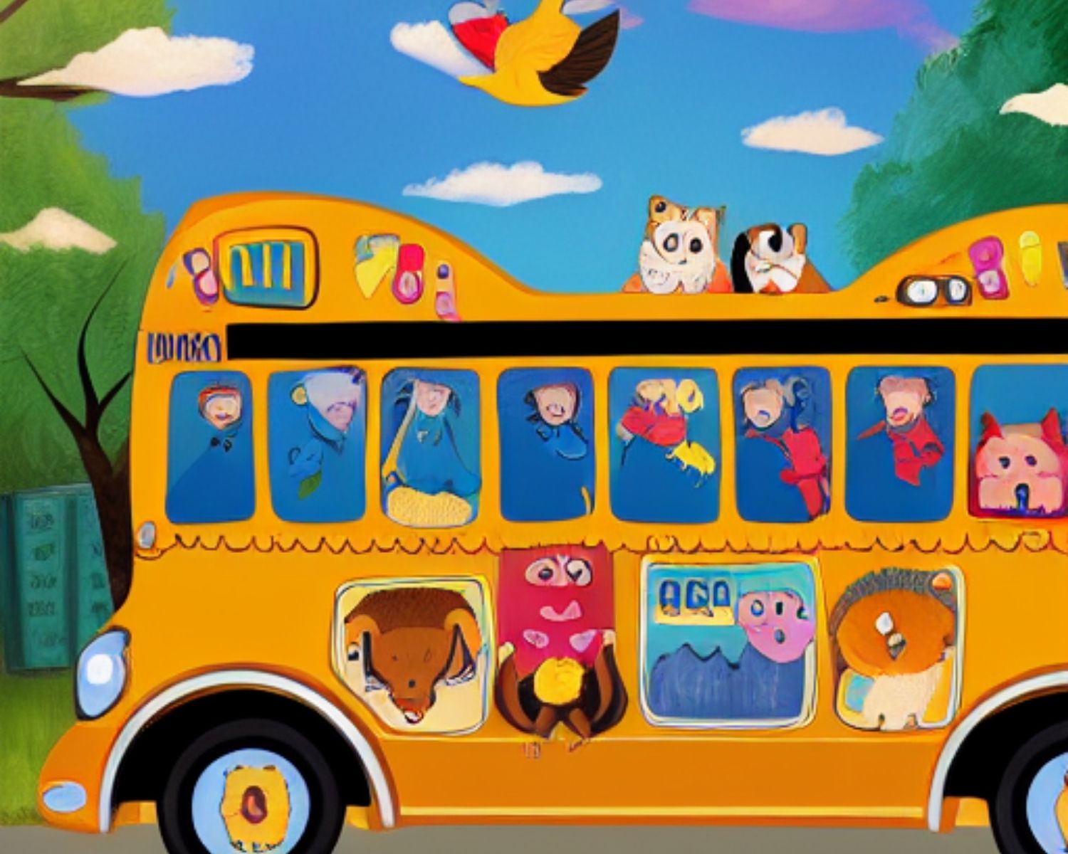 Painting of school bus with cute and adorable animal characters, highly detailed, HDR, 64k, vivid colors, professional, in Children's book illustration style