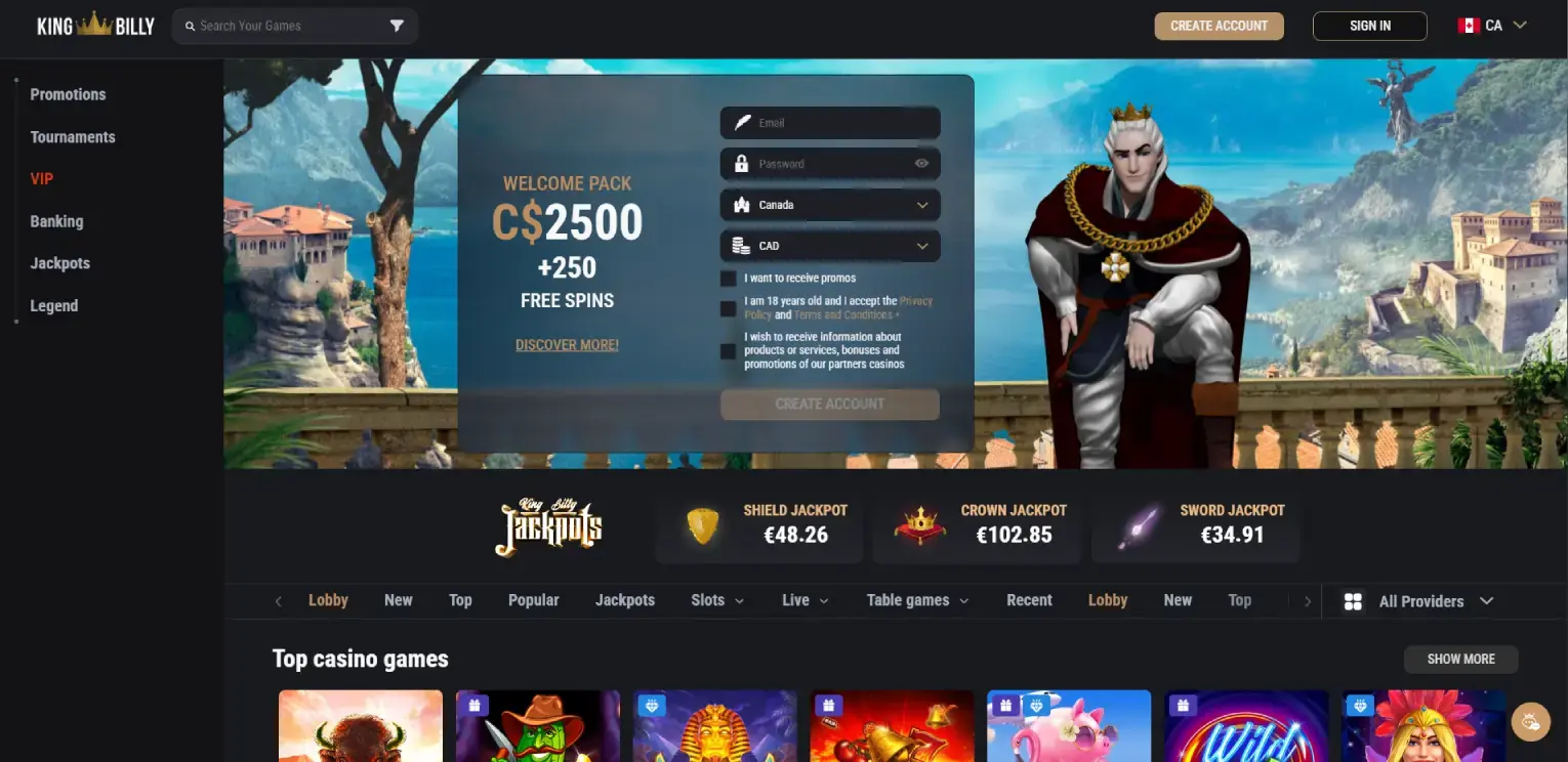Screenshot of the King Billy online casino homepage in Alberta, Canada, highlighting a welcome pack of C$2500 and 250 free spins. The homepage features a medieval-themed character and a luxurious background, providing a regal and immersive experience for players in Alberta.