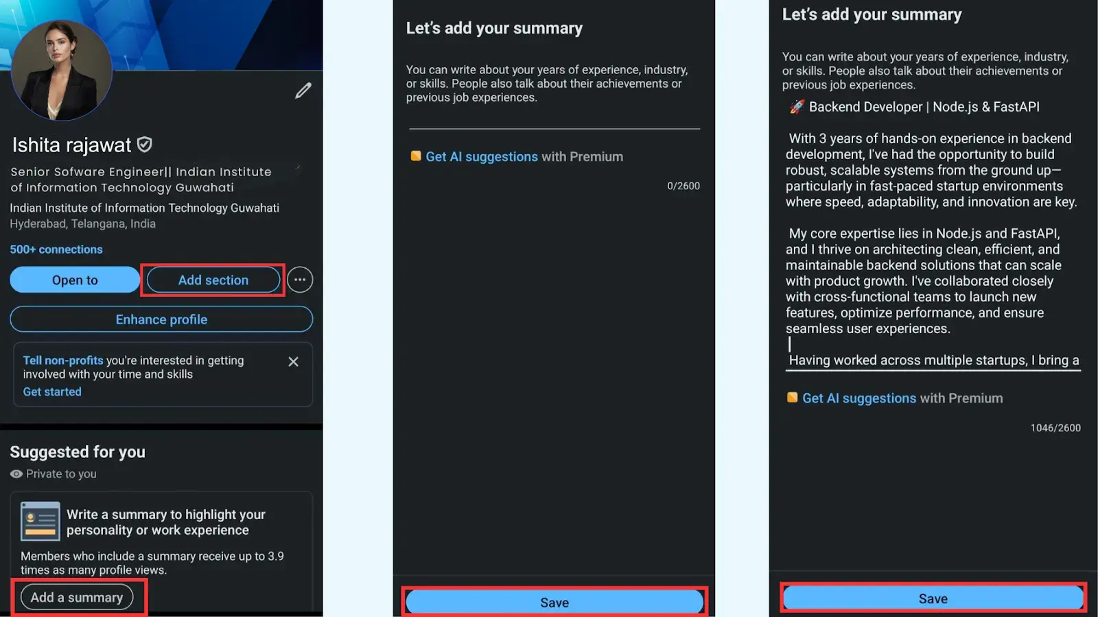 Screenshots showing initial navigation to summary.