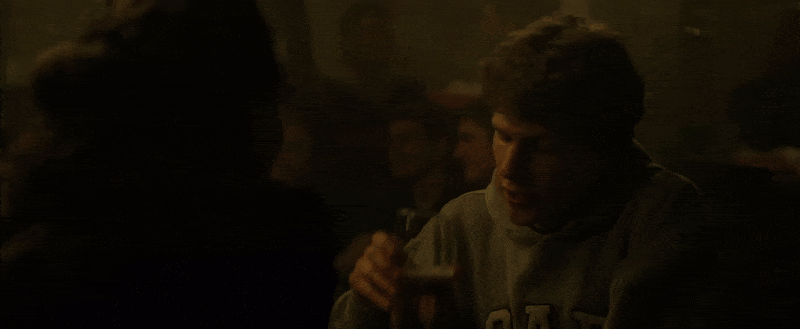 GIF of the opening scene from The Social Network (2010), directed by David Fincher. The five-minute bar scene consists of 108 distinct camera shots, with each cut meticulously maintaining spatial continuity between the two main characters.