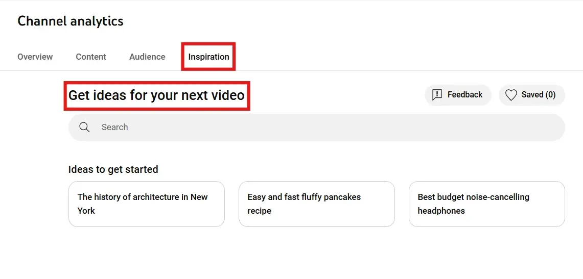 Inspiration tab in YouTube Analytics where you can search for new ideas for your content creation
