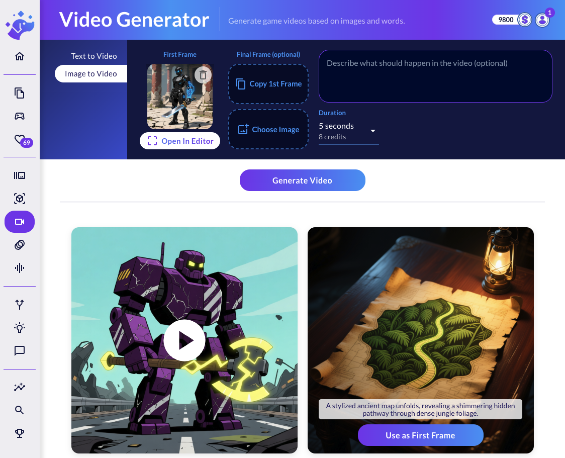 Animate Your Game Ideas with the Video Generator - Go from a simple text prompt or static image to a short, animated video with sound in seconds.