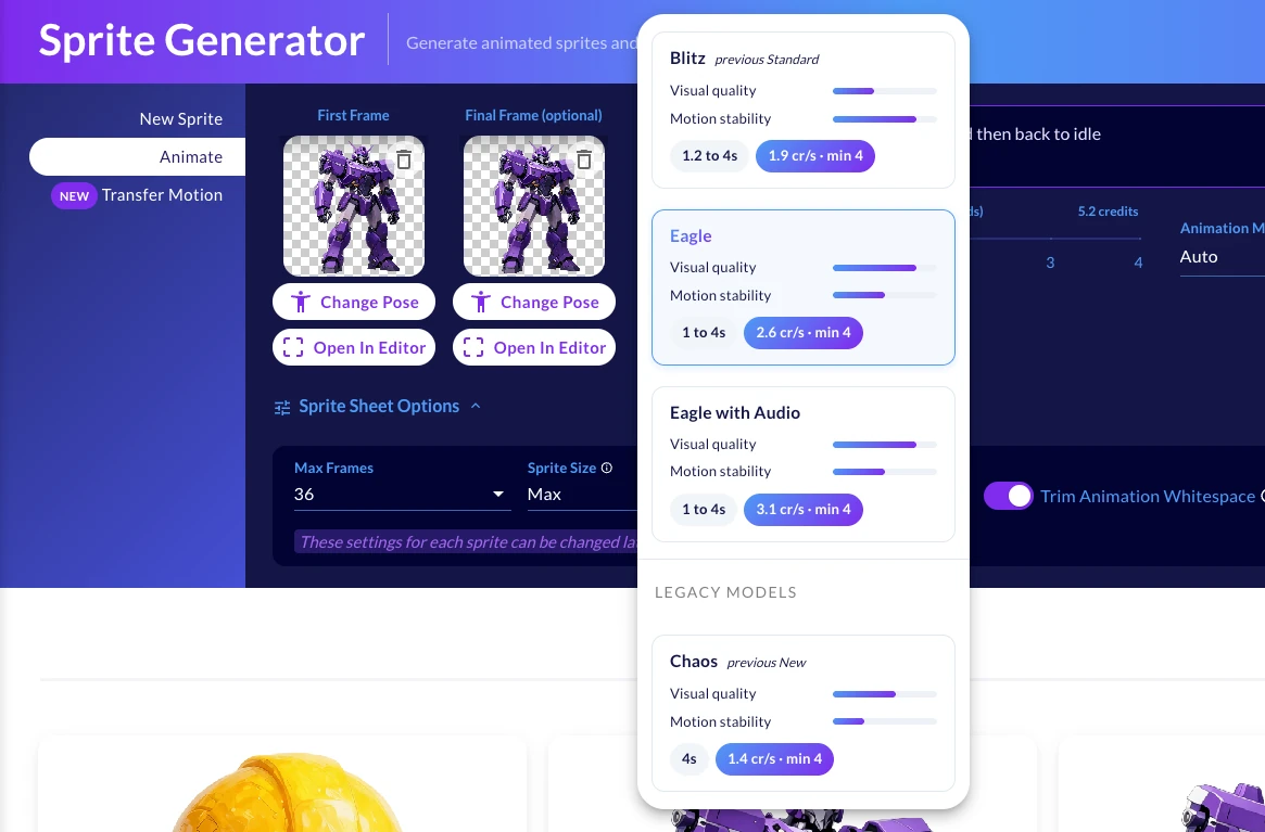 New model selector in Sprite Generator, showing duration options and pricing