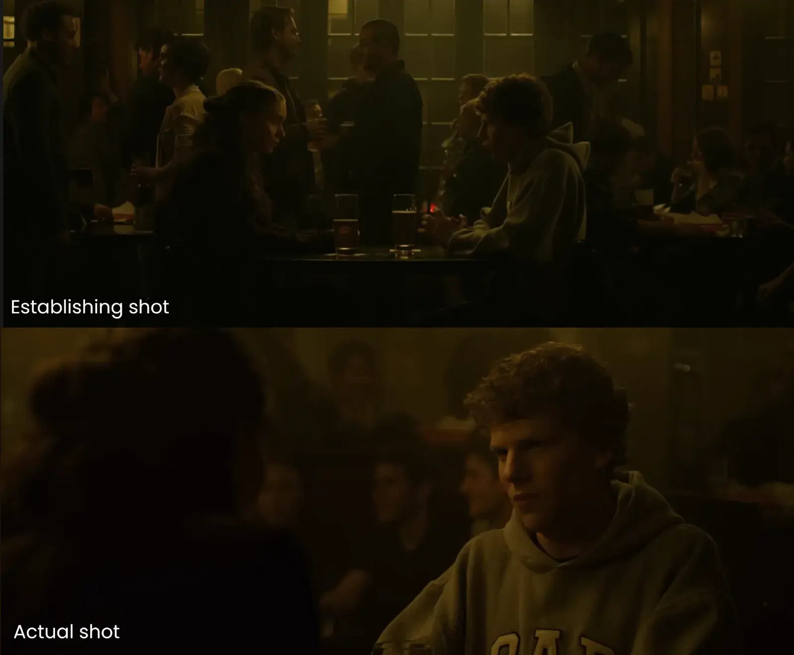 A split-screen comparison of two scenes from The Social Network. Top: A wide establishing shot of a dimly lit college bar showing students at various tables, with Mark and Erica visible among the crowd. Bottom: A close-up shot of Mark and Erica sitting across from each other at their table during their tense conversation, their faces clearly visible in the warm lighting of the bar