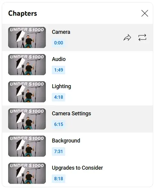  A screenshot showing video chapters with their corresponding timestamps, allowing viewers to navigate to specific sections of the video content.