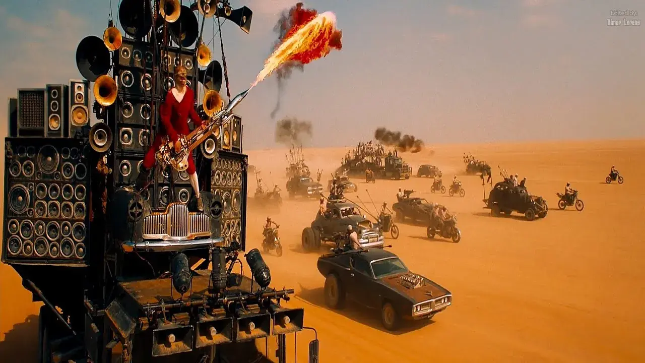 A cinematic-style image combining the aesthetic of Mad Max: Fury Road featuring a stark orange-teal color contrast. The orange represents harsh, desert landscapes and survival, while the teal elements suggest oases of hope and respite within the challenging environment.