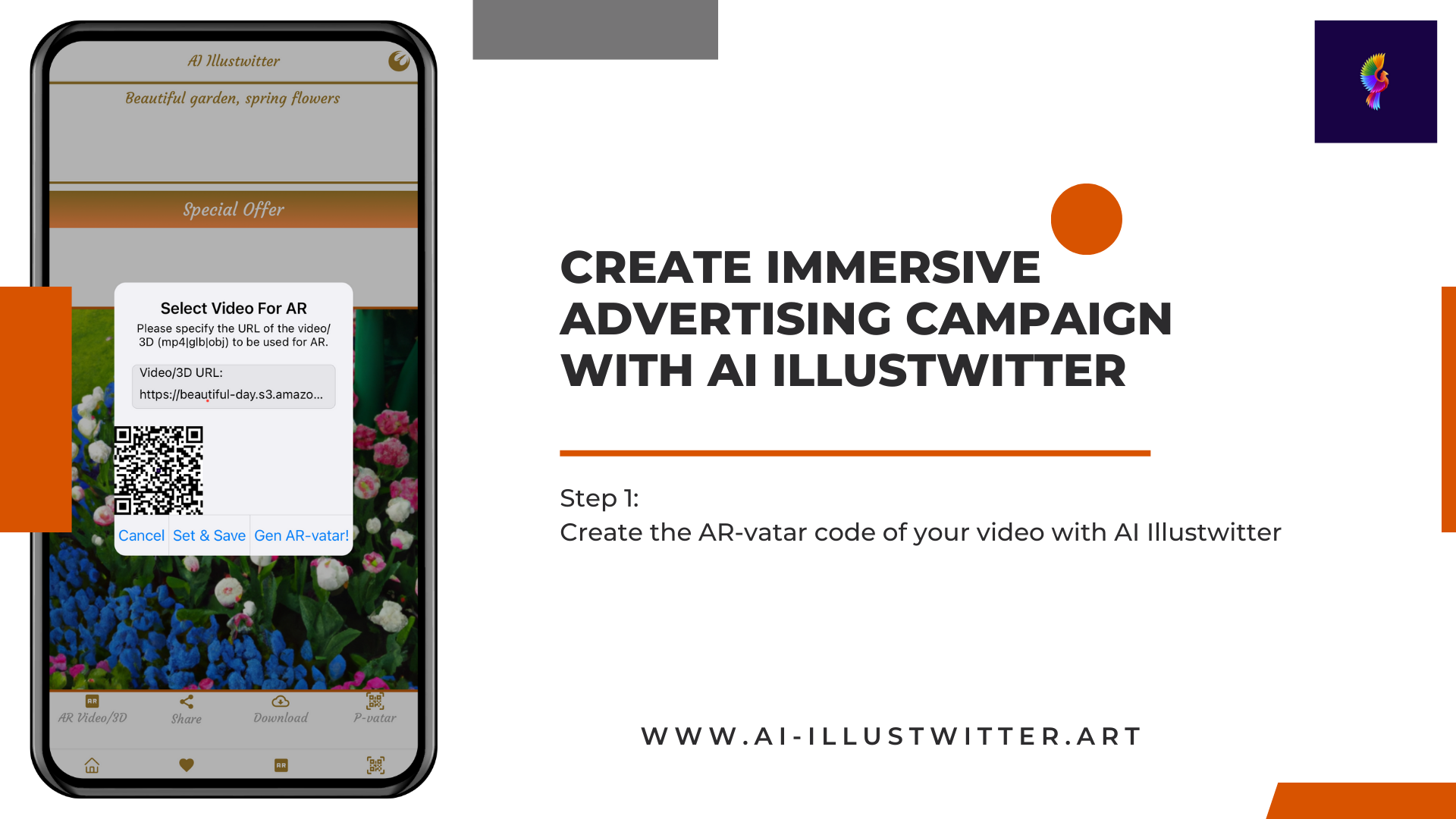 Create AR-vatar code for your marketing materials (artworks, videos, 3D objects) URLs using AI Illustwitter.