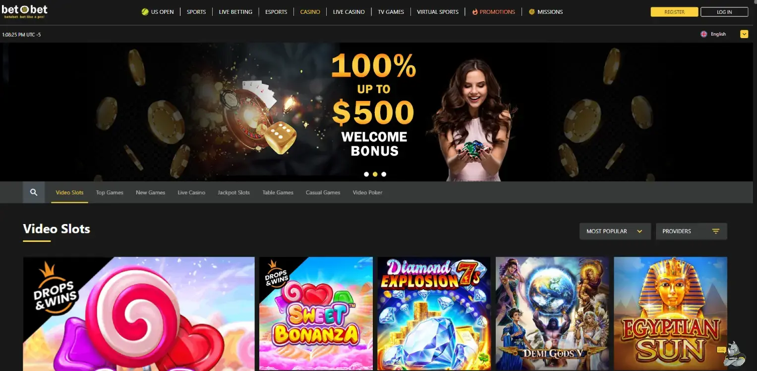 Screenshot of the Bet O Bet online casino homepage in Alberta, Canada, highlighting a 100% welcome bonus up to $500. The homepage displays various video slots and promotional banners, offering a sleek and modern interface specifically designed for players in Alberta.