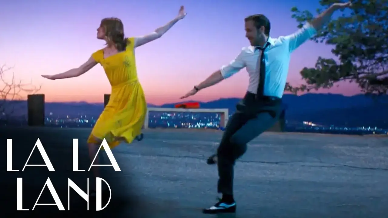 A cinematic screenshot from La la Land movie featuring bright and optimistic colors, which is color language for Drama and lifestyle .